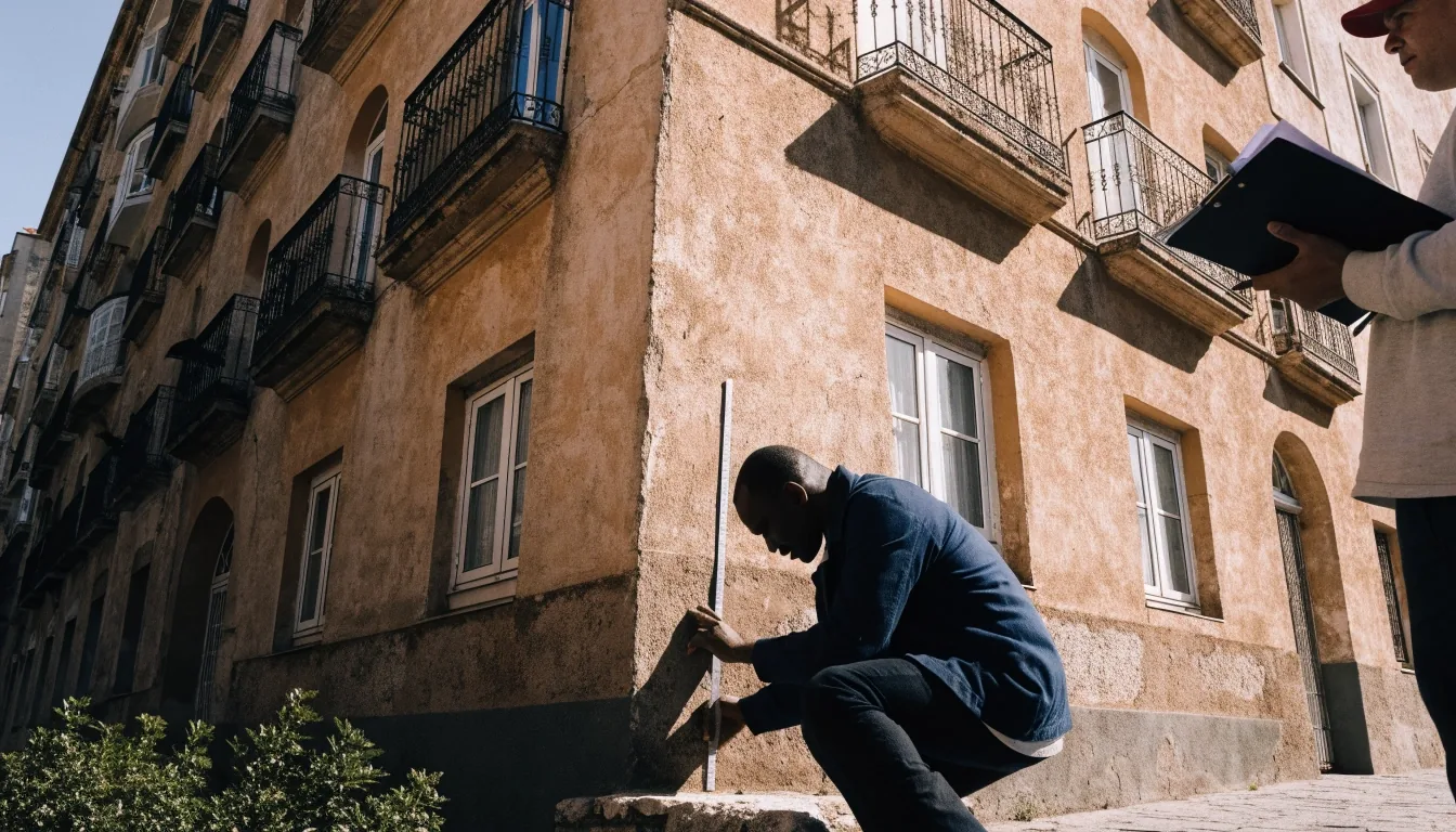 Fachada de un edificio residencial en Málaga con una inversora revisando las viviendas desde la calle
