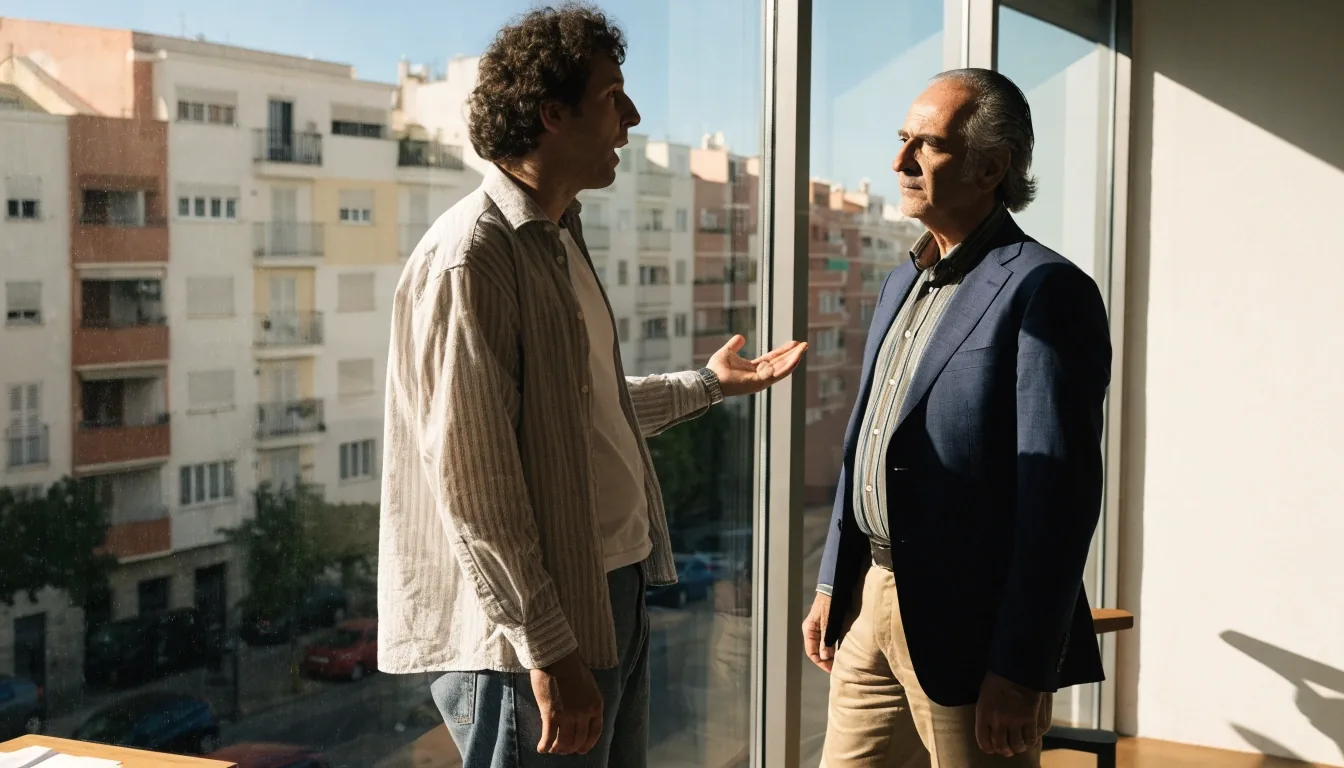 Inversor y asesor inmobiliario revisando opciones de financiación en una mesa de trabajo