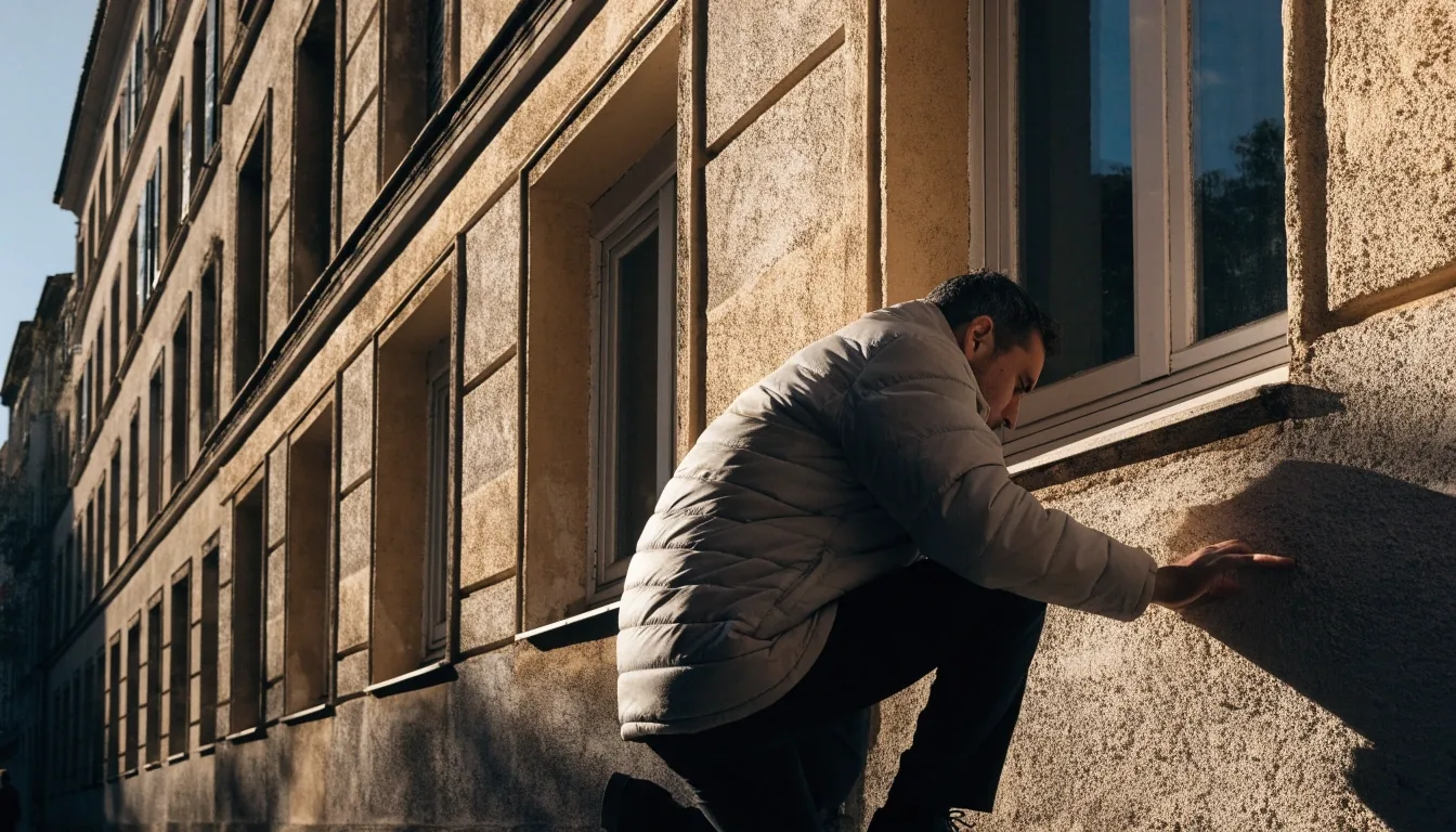 Tasador revisando la fachada de un edificio de viviendas antes de valorar el inmueble