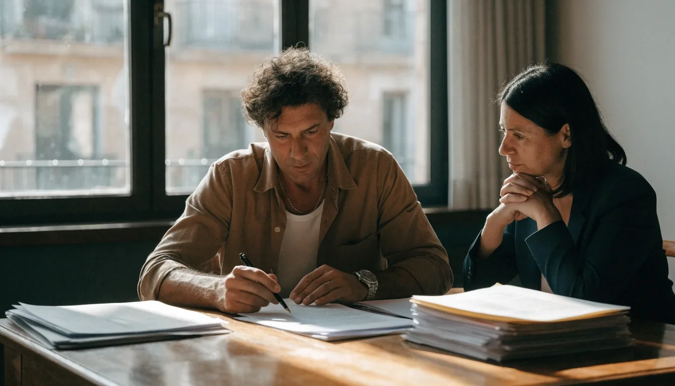 Dos personas revisando un expediente inmobiliario en una mesa de oficina