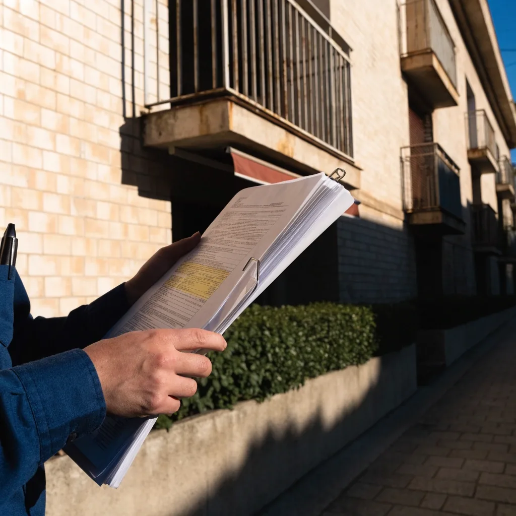 Fachada de un edificio de vivienda en Málaga con una persona consultando la entrada al inmueble