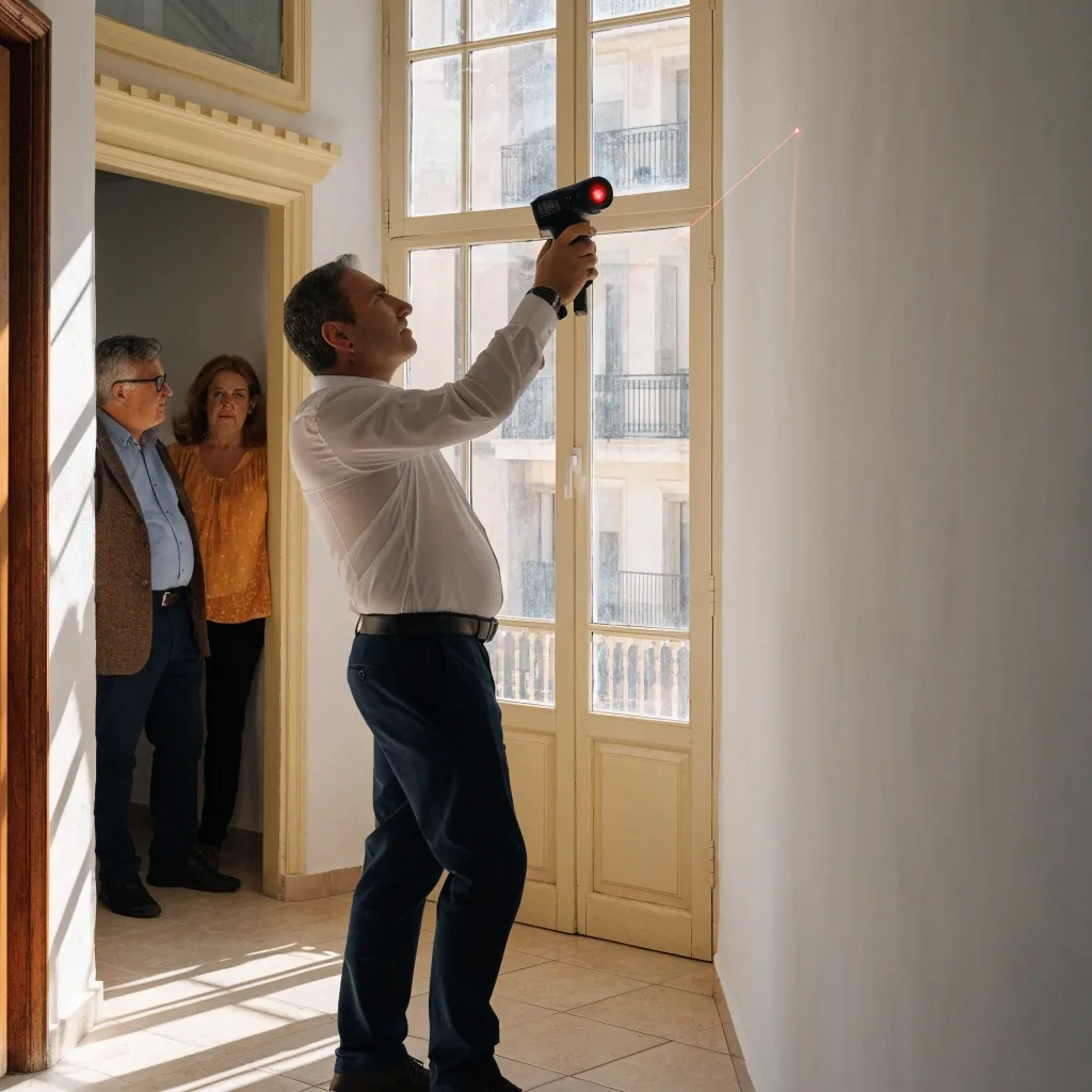 Técnico realizando la tasación de una vivienda en Málaga con una pareja de propietarios presente