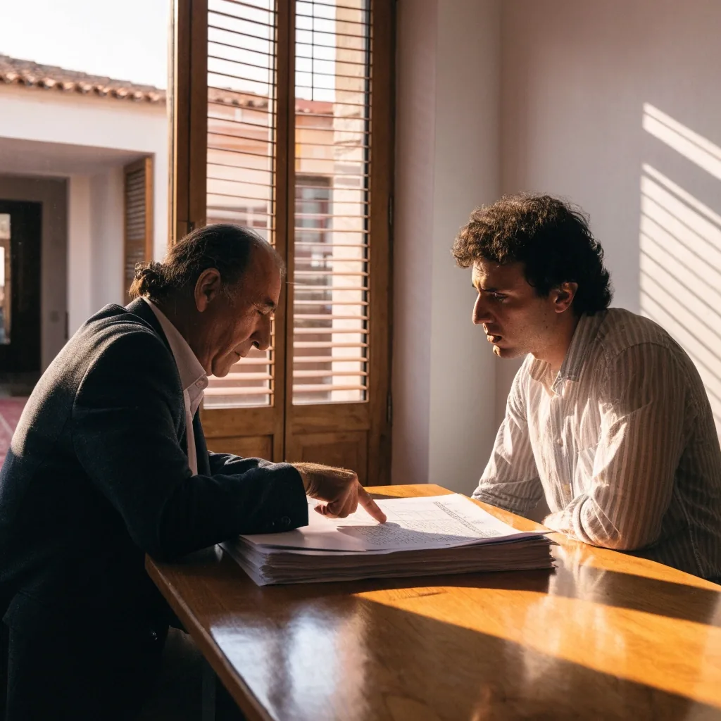 Asesores revisando documentación hipotecaria en una oficina de Málaga con luz de tarde