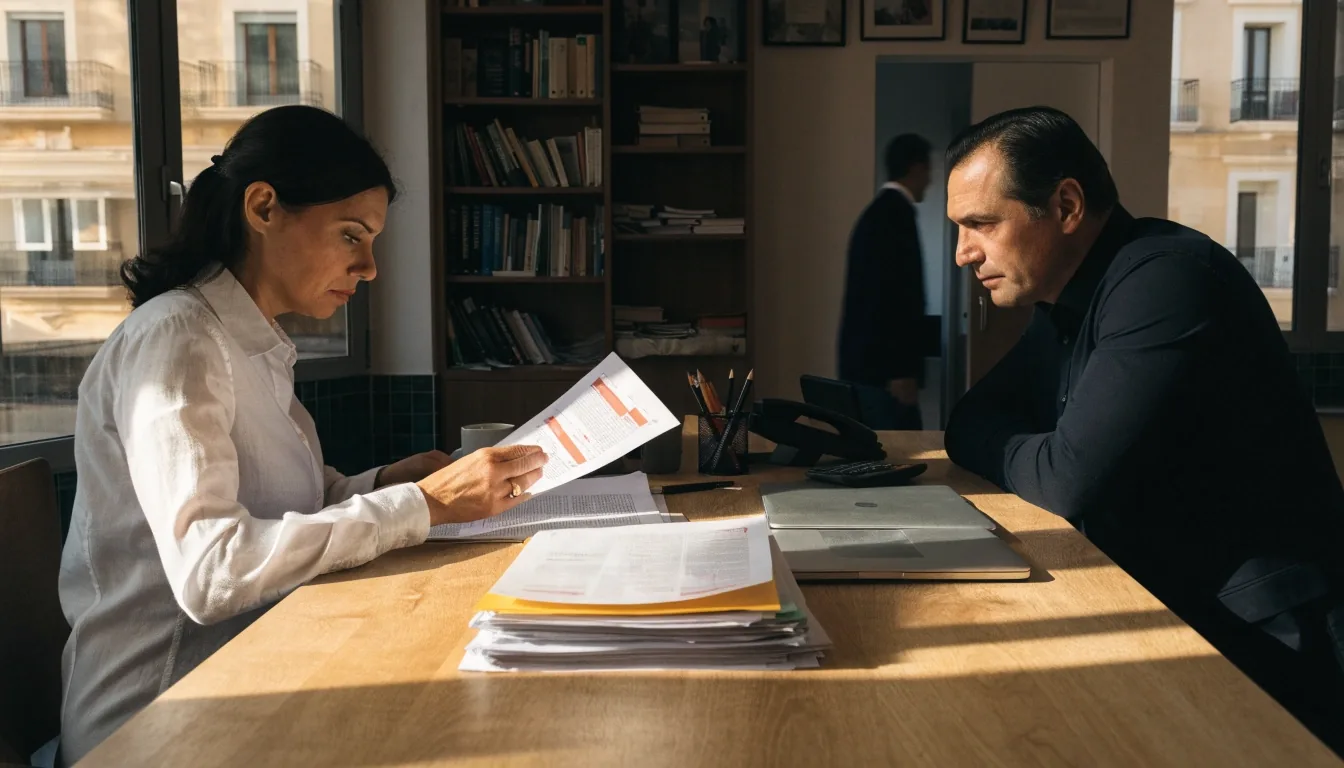 Documentos de valoración hipotecaria extendidos sobre una mesa con luz de tarde filtrada